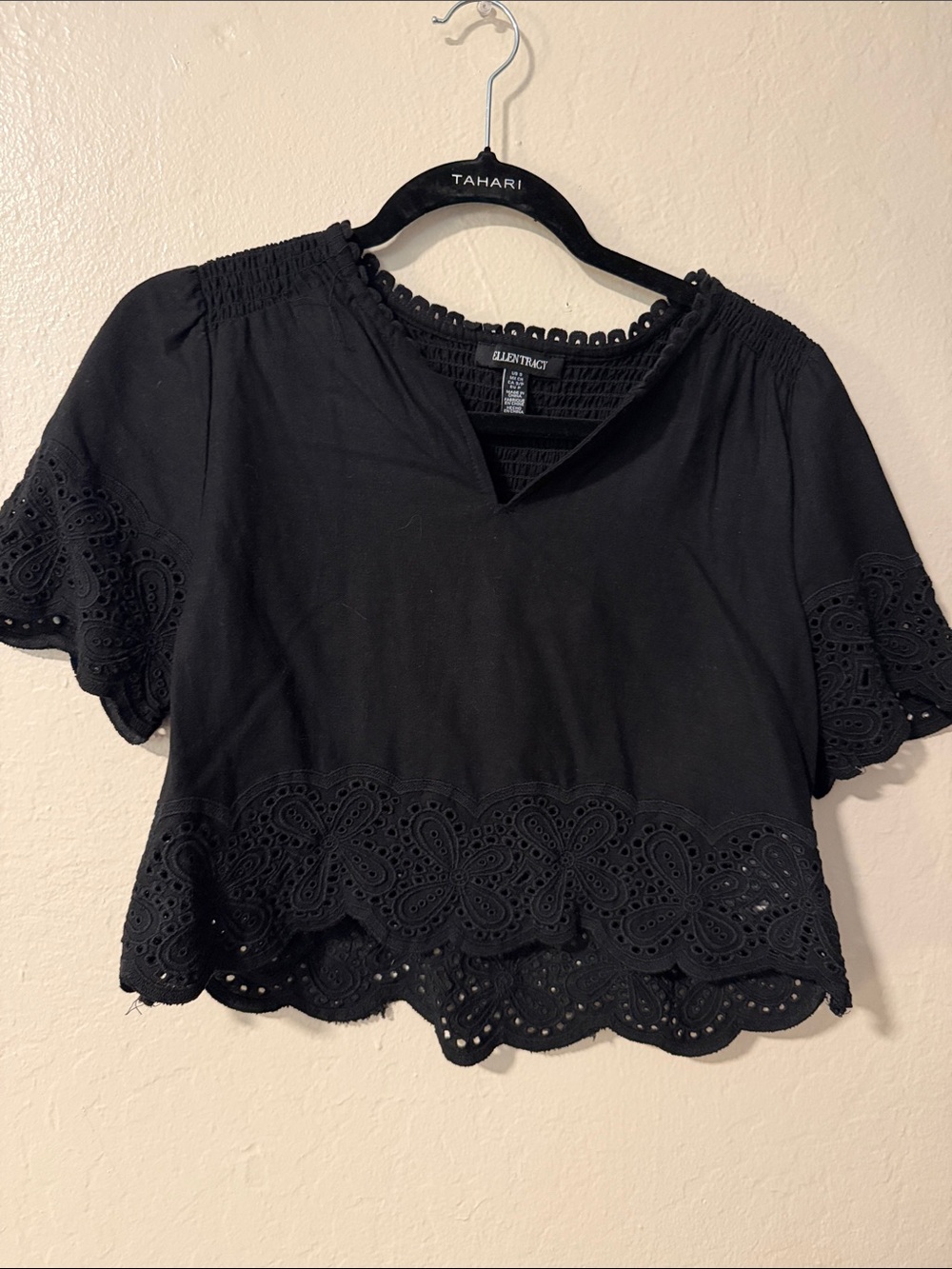Ellen Tracy Black Eyelet Scalloped Hem Short Sleeve Top